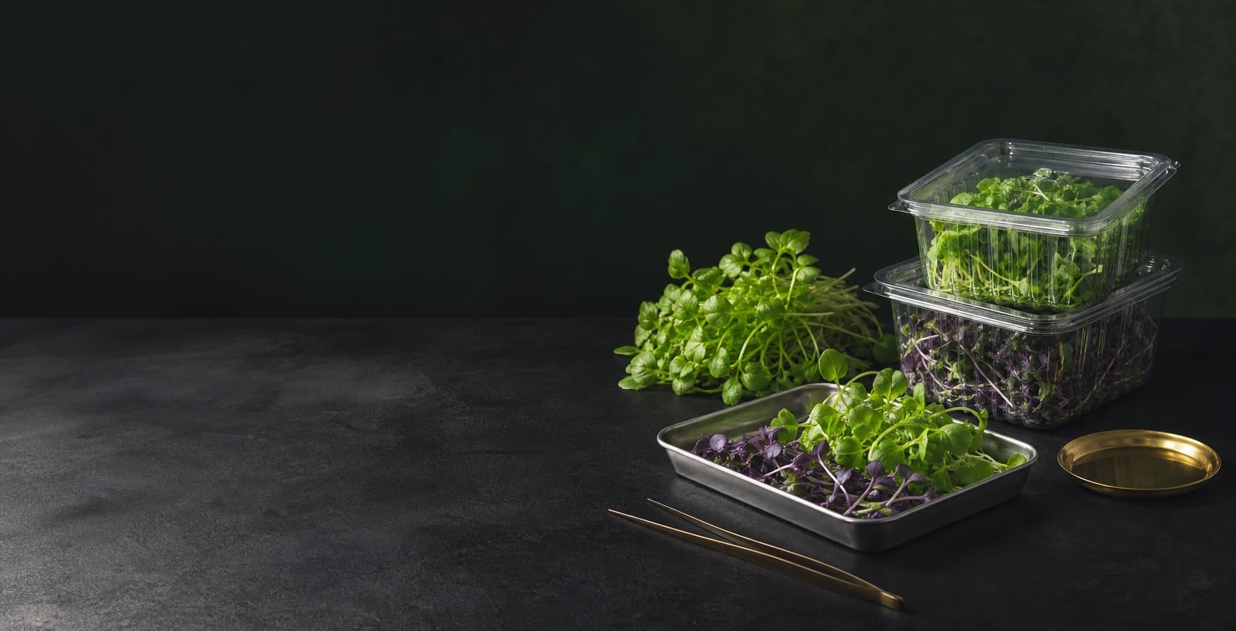 Fresh microgreens in clamshell-style packaging on a dark supplier table
